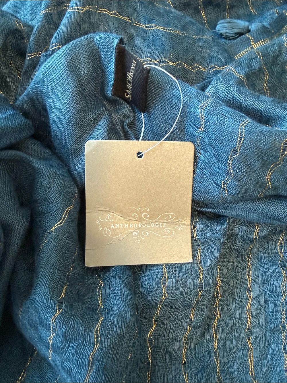 Anthropologie Blue Tasseled Infinity Scarf with Gold Metallic Thread - Picture 3 of 5
